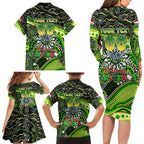 Merry Christmas Raiders Family Matching Long Sleeve Bodycon Dress and Hawaiian Shirt Aboriginal Santa Rugby Mascot - Canberra