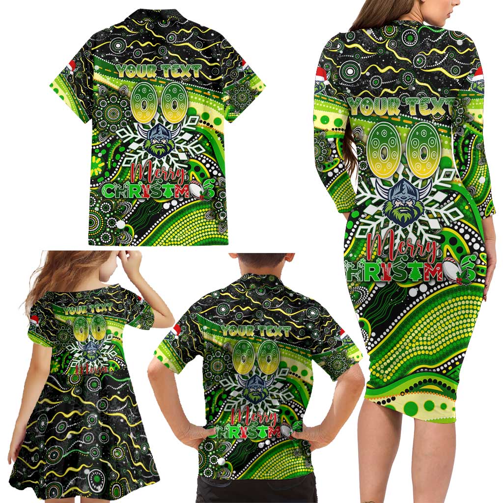 Merry Christmas Raiders Family Matching Long Sleeve Bodycon Dress and Hawaiian Shirt Aboriginal Santa Rugby Mascot - Canberra