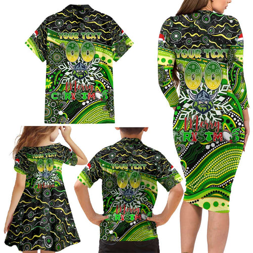 Merry Christmas Raiders Family Matching Long Sleeve Bodycon Dress and Hawaiian Shirt Aboriginal Santa Rugby Mascot - Canberra