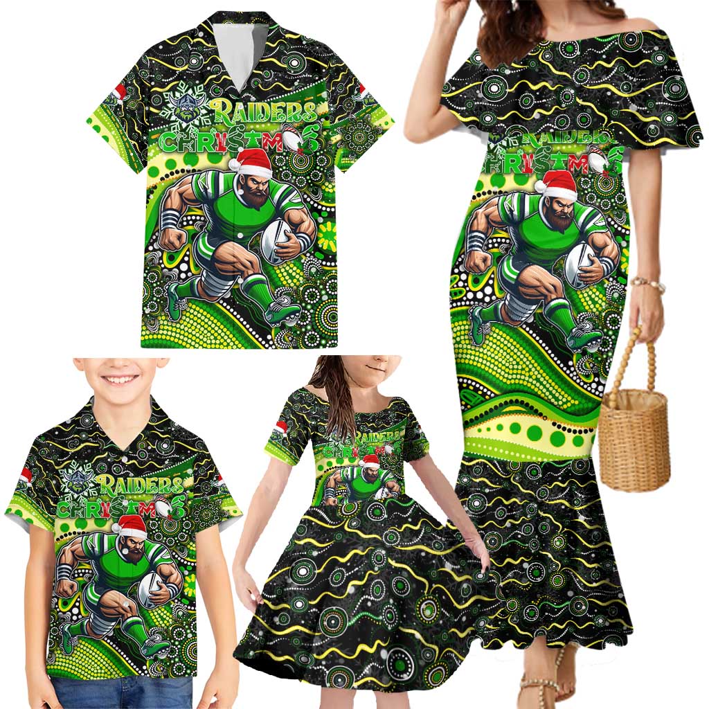 Merry Christmas Raiders Family Matching Mermaid Dress and Hawaiian Shirt Aboriginal Santa Rugby Mascot - Canberra
