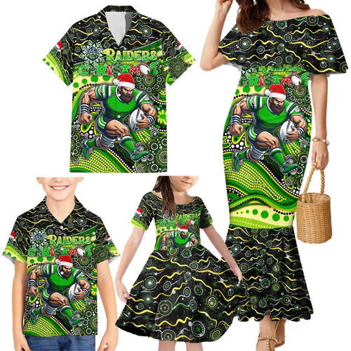Merry Christmas Raiders Family Matching Mermaid Dress and Hawaiian Shirt Aboriginal Santa Rugby Mascot - Canberra