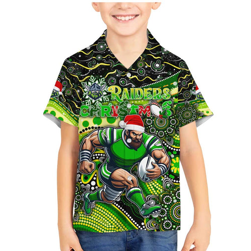 Merry Christmas Raiders Family Matching Mermaid Dress and Hawaiian Shirt Aboriginal Santa Rugby Mascot - Canberra