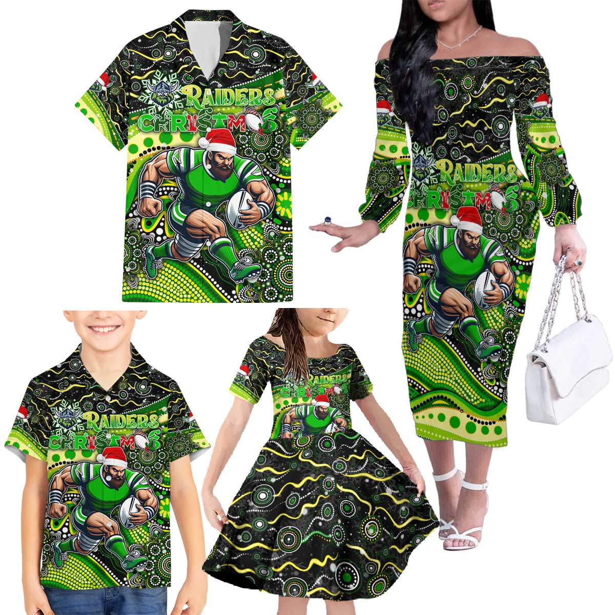 Merry Christmas Raiders Family Matching Off The Shoulder Long Sleeve Dress and Hawaiian Shirt Aboriginal Santa Rugby Mascot - Canberra