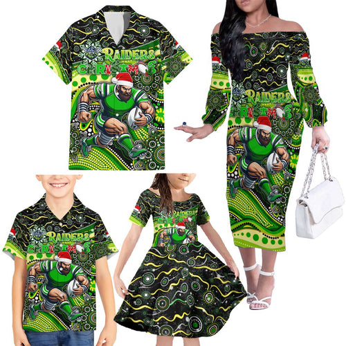 Merry Christmas Raiders Family Matching Off The Shoulder Long Sleeve Dress and Hawaiian Shirt Aboriginal Santa Rugby Mascot - Canberra