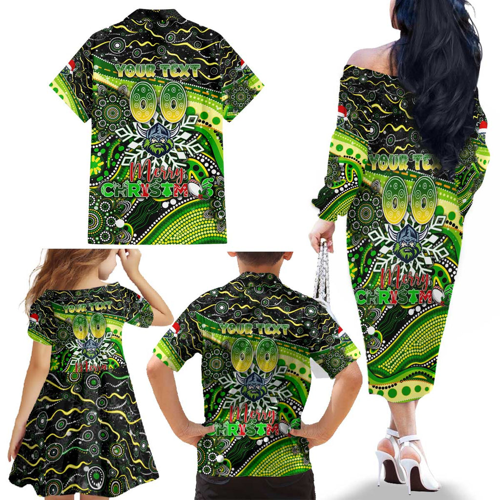 Merry Christmas Raiders Family Matching Off The Shoulder Long Sleeve Dress and Hawaiian Shirt Aboriginal Santa Rugby Mascot - Canberra