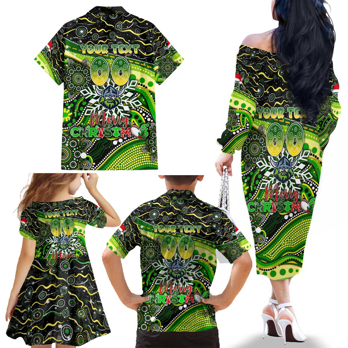 Merry Christmas Raiders Family Matching Off The Shoulder Long Sleeve Dress and Hawaiian Shirt Aboriginal Santa Rugby Mascot - Canberra