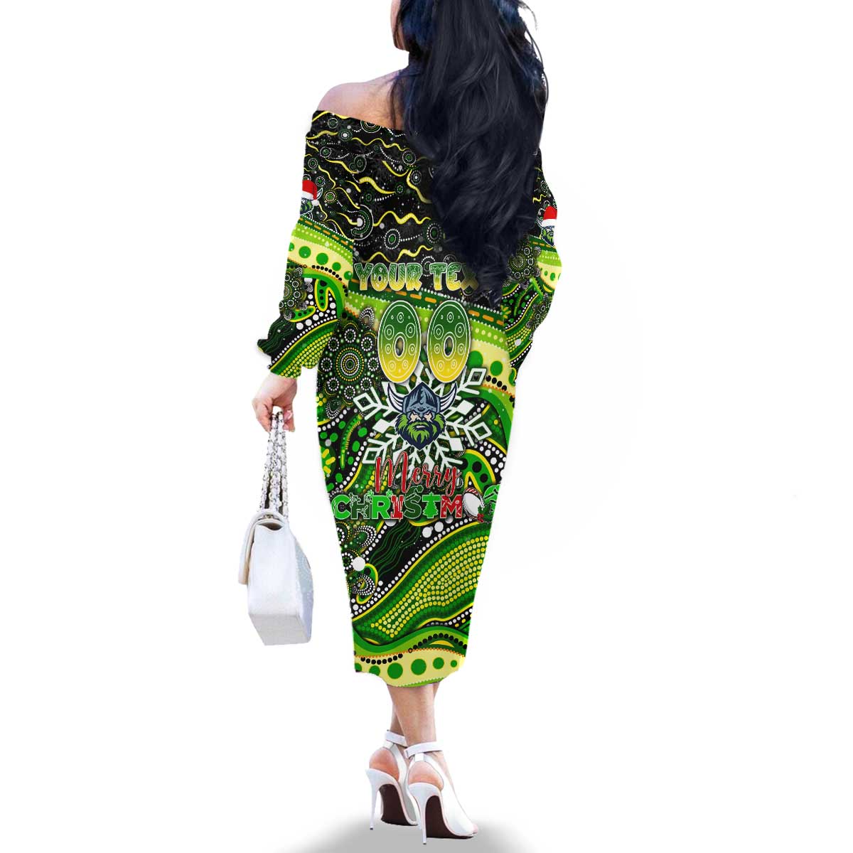 Merry Christmas Raiders Family Matching Off The Shoulder Long Sleeve Dress and Hawaiian Shirt Aboriginal Santa Rugby Mascot - Canberra