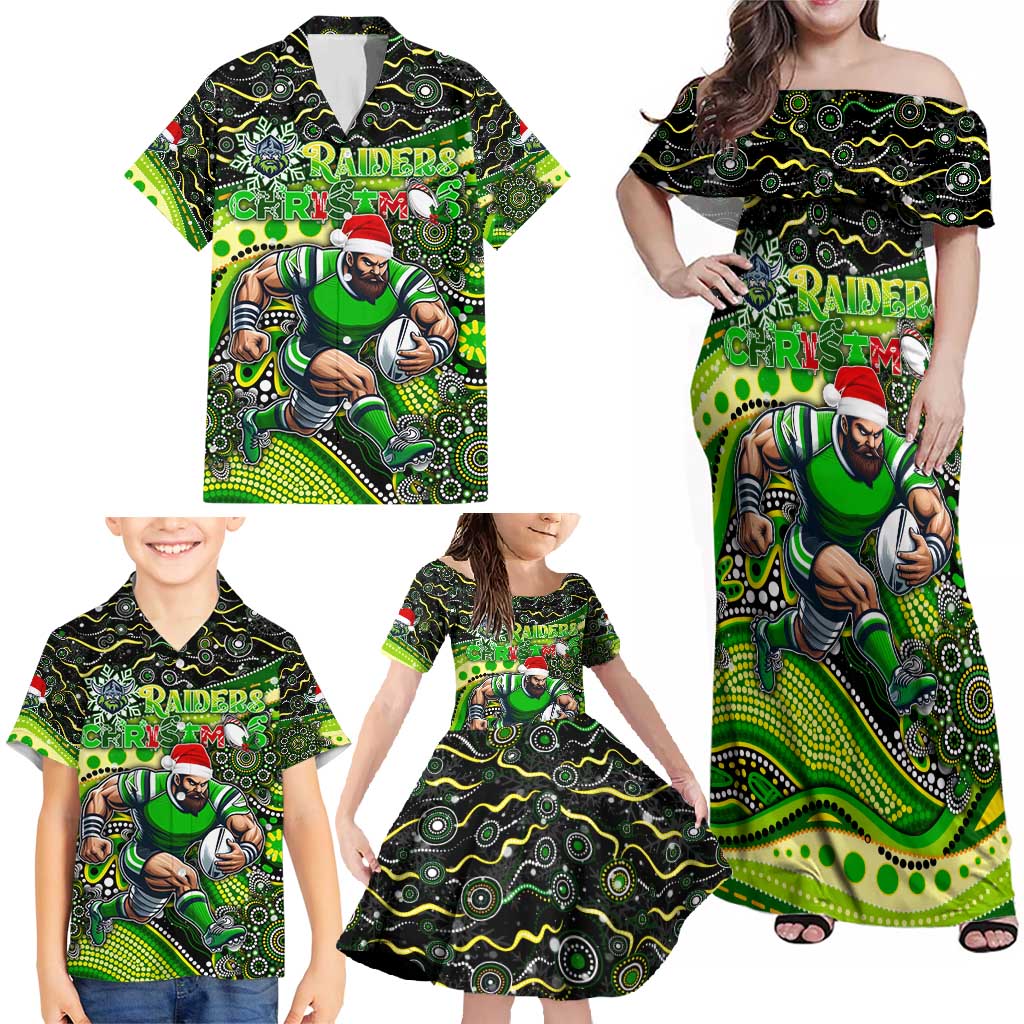Merry Christmas Raiders Family Matching Off Shoulder Maxi Dress and Hawaiian Shirt Aboriginal Santa Rugby Mascot - Canberra