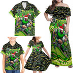 Merry Christmas Raiders Family Matching Off Shoulder Maxi Dress and Hawaiian Shirt Aboriginal Santa Rugby Mascot - Canberra