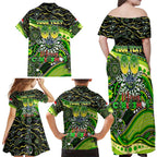 Merry Christmas Raiders Family Matching Off Shoulder Maxi Dress and Hawaiian Shirt Aboriginal Santa Rugby Mascot - Canberra