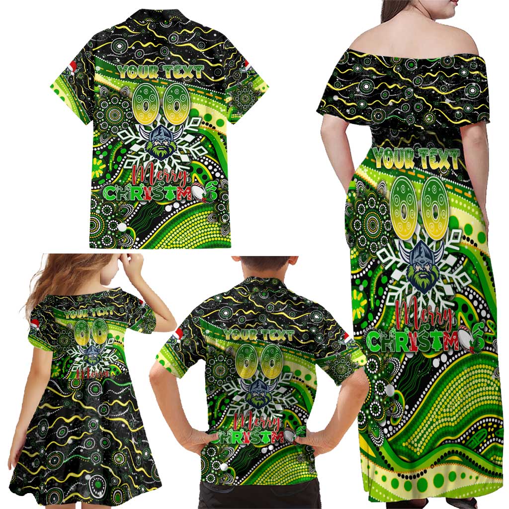 Merry Christmas Raiders Family Matching Off Shoulder Maxi Dress and Hawaiian Shirt Aboriginal Santa Rugby Mascot - Canberra
