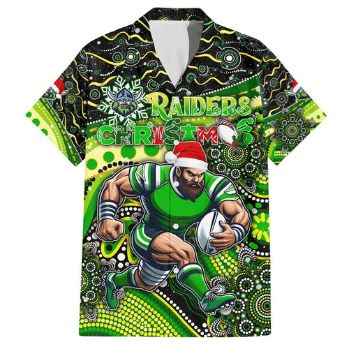 Merry Christmas Raiders Family Matching Off Shoulder Maxi Dress and Hawaiian Shirt Aboriginal Santa Rugby Mascot - Canberra