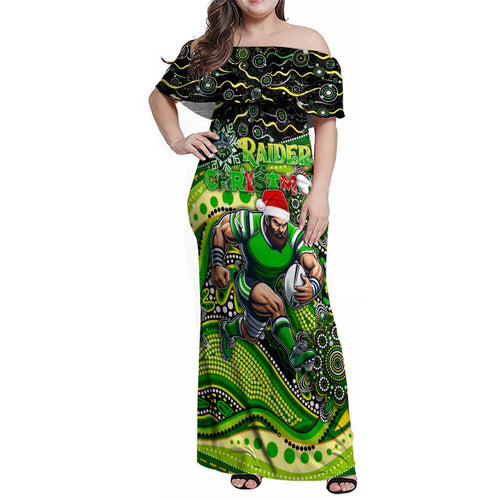 Merry Christmas Raiders Family Matching Off Shoulder Maxi Dress and Hawaiian Shirt Aboriginal Santa Rugby Mascot - Canberra