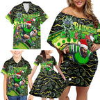 Merry Christmas Raiders Family Matching Off Shoulder Short Dress and Hawaiian Shirt Aboriginal Santa Rugby Mascot - Canberra