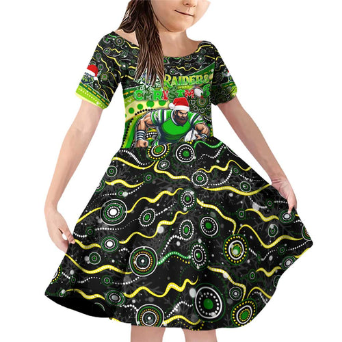 Merry Christmas Raiders Family Matching Off Shoulder Short Dress and Hawaiian Shirt Aboriginal Santa Rugby Mascot - Canberra