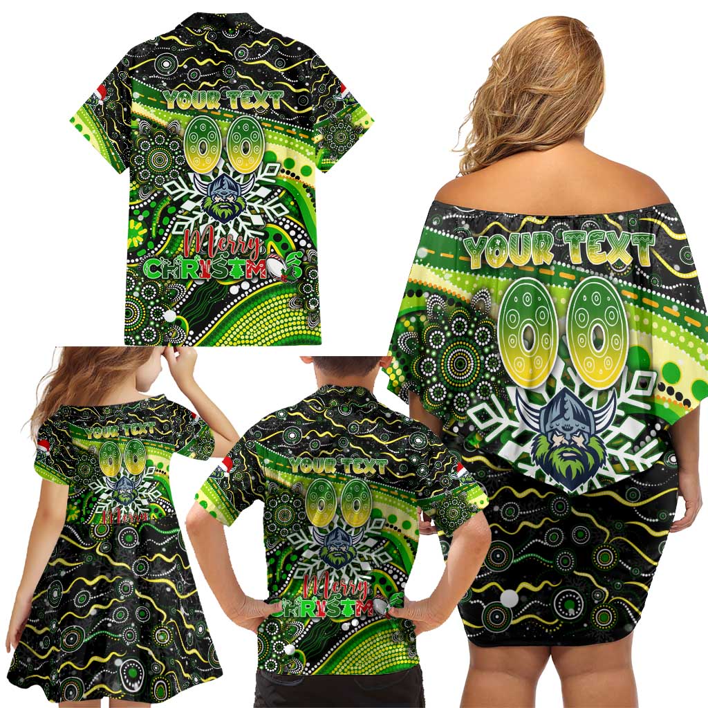 Merry Christmas Raiders Family Matching Off Shoulder Short Dress and Hawaiian Shirt Aboriginal Santa Rugby Mascot - Canberra