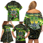 Merry Christmas Raiders Family Matching Off Shoulder Short Dress and Hawaiian Shirt Aboriginal Santa Rugby Mascot - Canberra