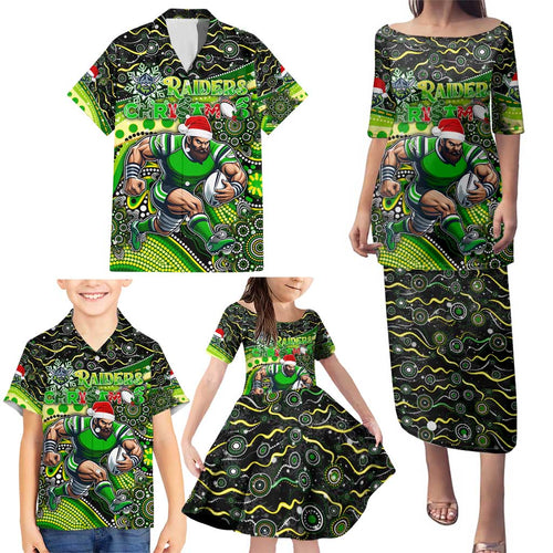 Merry Christmas Raiders Family Matching Puletasi and Hawaiian Shirt Aboriginal Santa Rugby Mascot - Canberra