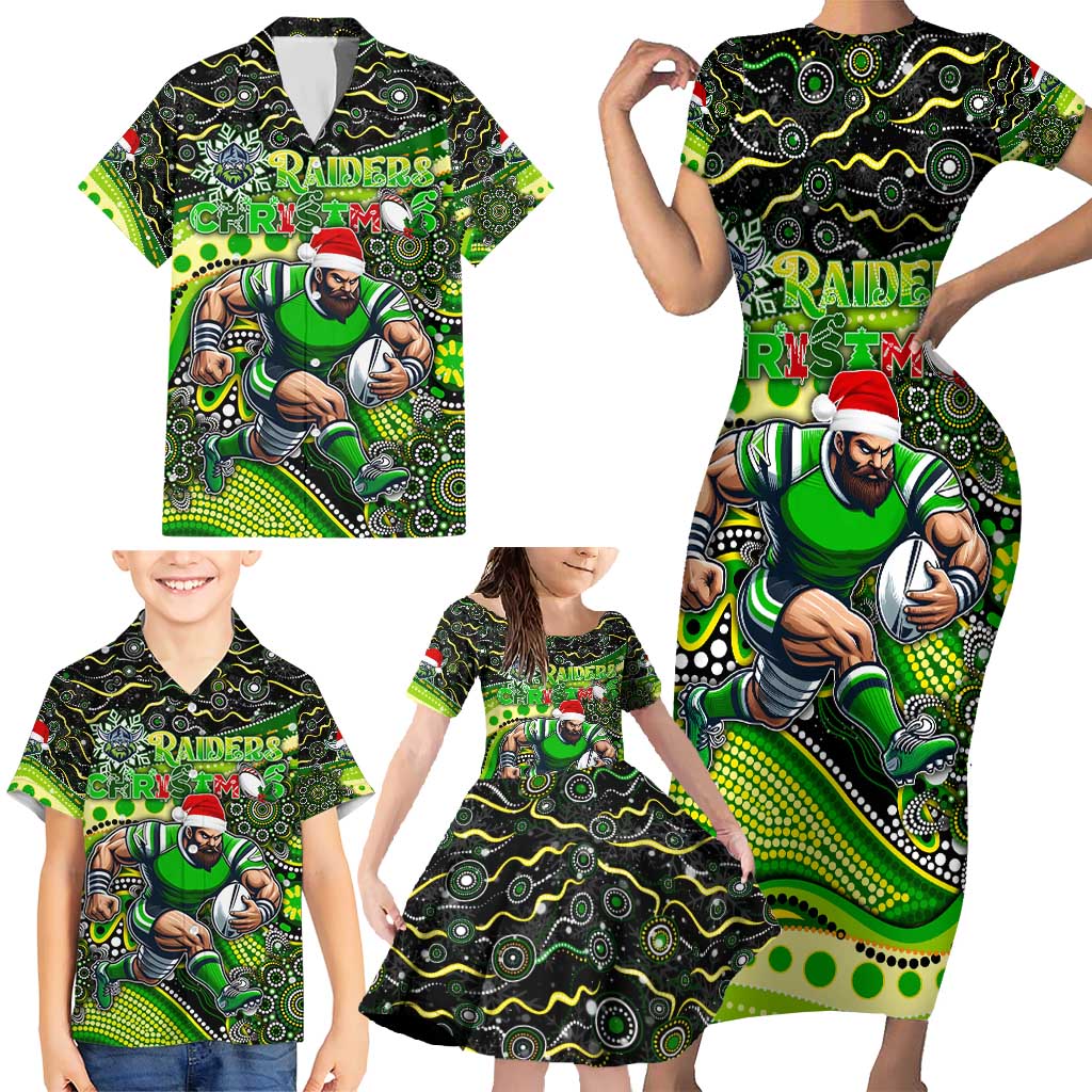 Merry Christmas Raiders Family Matching Short Sleeve Bodycon Dress and Hawaiian Shirt Aboriginal Santa Rugby Mascot - Canberra
