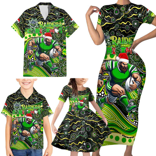 Merry Christmas Raiders Family Matching Short Sleeve Bodycon Dress and Hawaiian Shirt Aboriginal Santa Rugby Mascot - Canberra