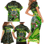 Merry Christmas Raiders Family Matching Short Sleeve Bodycon Dress and Hawaiian Shirt Aboriginal Santa Rugby Mascot - Canberra