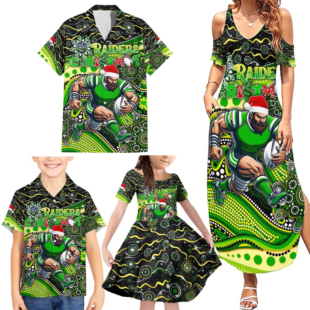 Merry Christmas Raiders Family Matching Summer Maxi Dress and Hawaiian Shirt Aboriginal Santa Rugby Mascot - Canberra