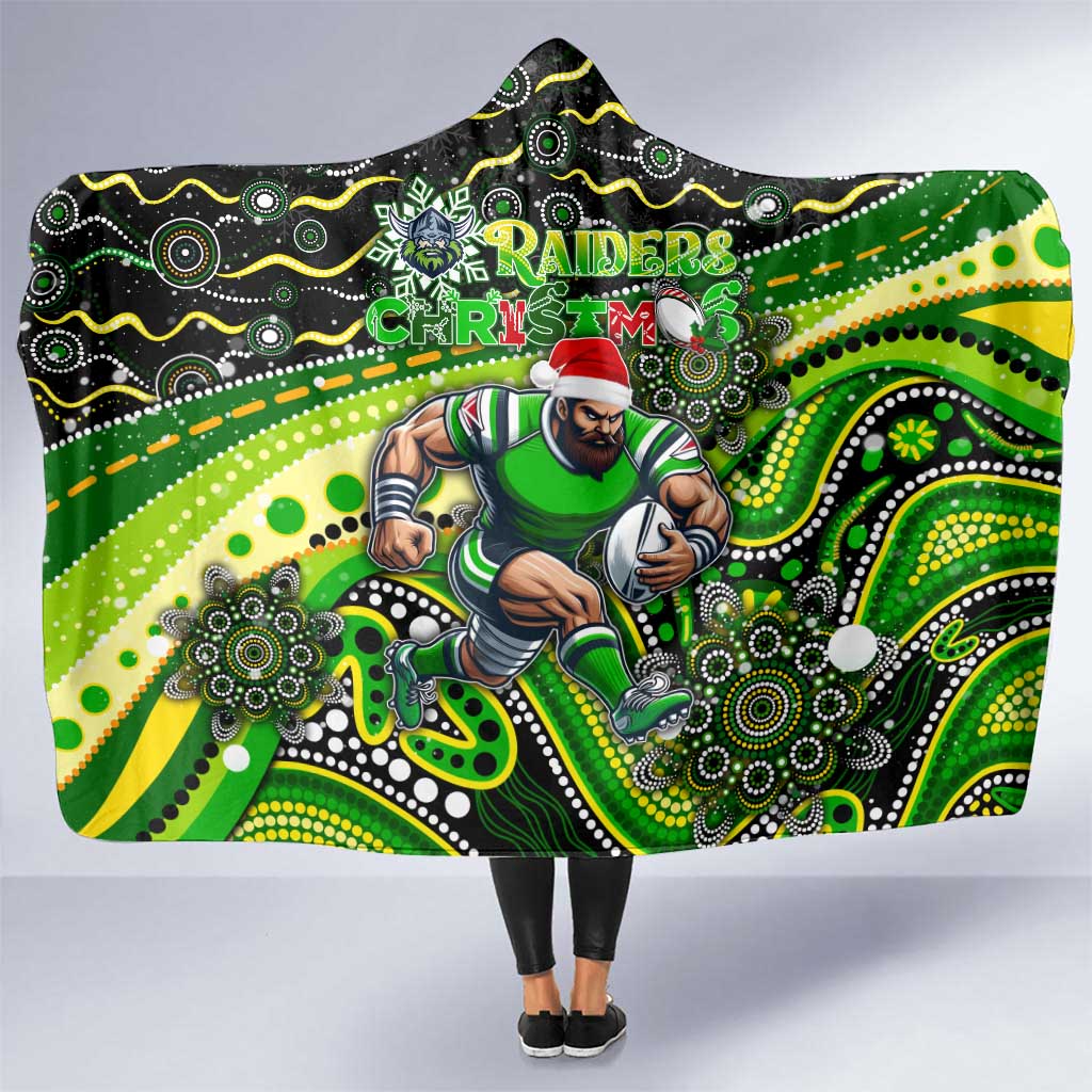 Merry Christmas Raiders Hooded Blanket Aboriginal Santa Rugby Mascot - Canberra
