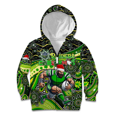 Merry Christmas Raiders Kid Hoodie Aboriginal Santa Rugby Mascot - Canberra