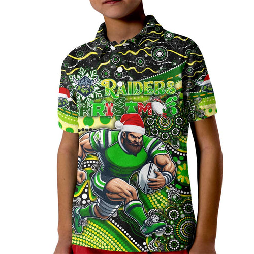 Merry Christmas Raiders Kid Polo Shirt Aboriginal Santa Rugby Mascot - Canberra