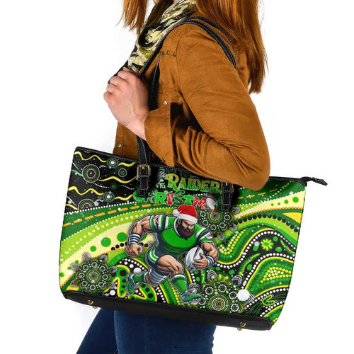 Merry Christmas Raiders Leather Tote Bag Aboriginal Santa Rugby Mascot - Canberra