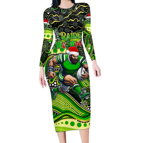Merry Christmas Raiders Long Sleeve Bodycon Dress Aboriginal Santa Rugby Mascot - Canberra