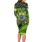 Merry Christmas Raiders Long Sleeve Bodycon Dress Aboriginal Santa Rugby Mascot - Canberra