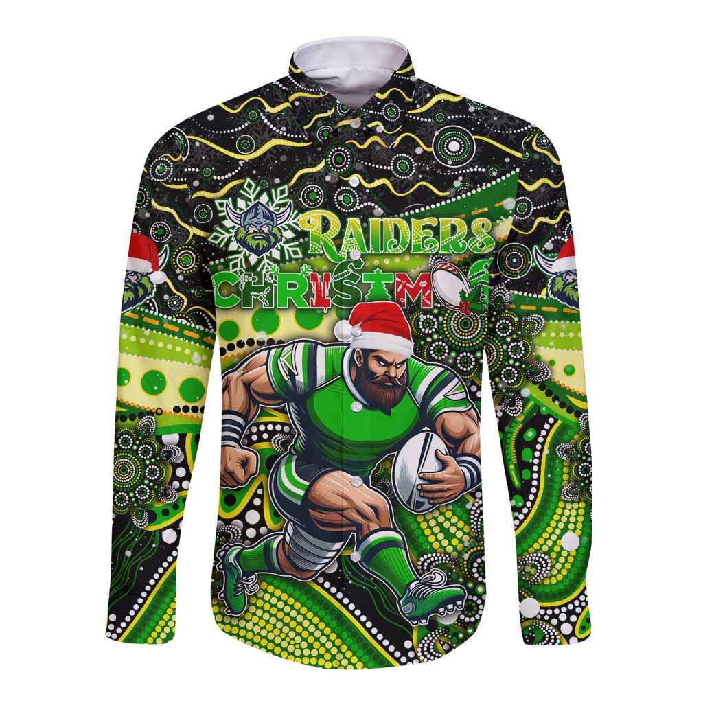 Merry Christmas Raiders Long Sleeve Button Shirt Aboriginal Santa Rugby Mascot - Canberra