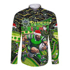 Merry Christmas Raiders Long Sleeve Button Shirt Aboriginal Santa Rugby Mascot - Canberra