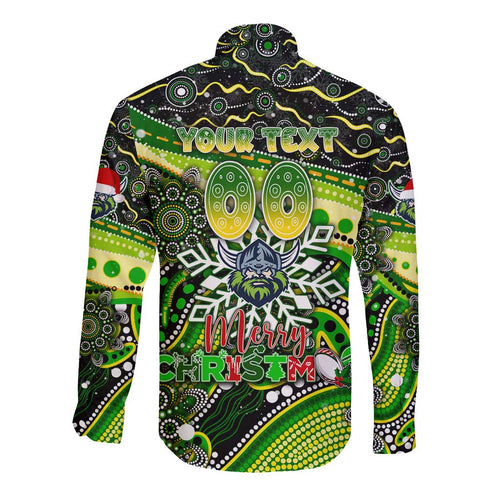 Merry Christmas Raiders Long Sleeve Button Shirt Aboriginal Santa Rugby Mascot - Canberra