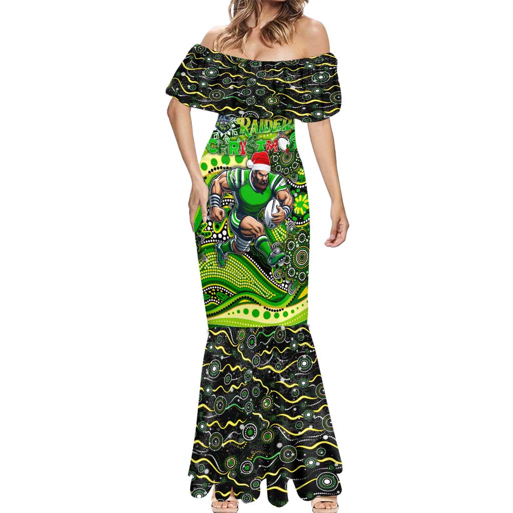 Merry Christmas Raiders Mermaid Dress Aboriginal Santa Rugby Mascot - Canberra