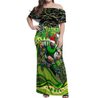 Merry Christmas Raiders Off Shoulder Maxi Dress Aboriginal Santa Rugby Mascot - Canberra