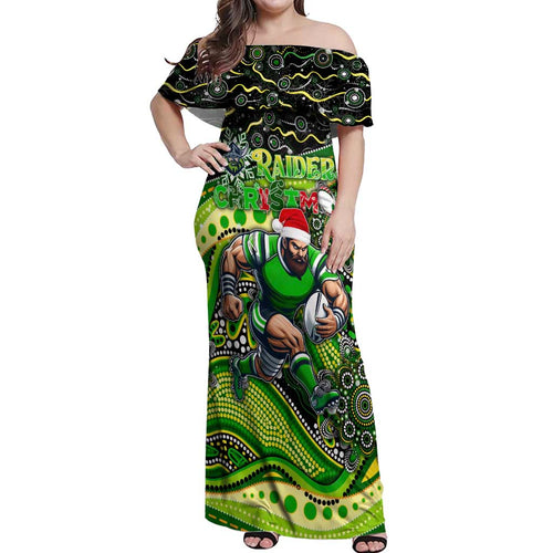 Merry Christmas Raiders Off Shoulder Maxi Dress Aboriginal Santa Rugby Mascot - Canberra