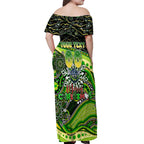 Merry Christmas Raiders Off Shoulder Maxi Dress Aboriginal Santa Rugby Mascot - Canberra