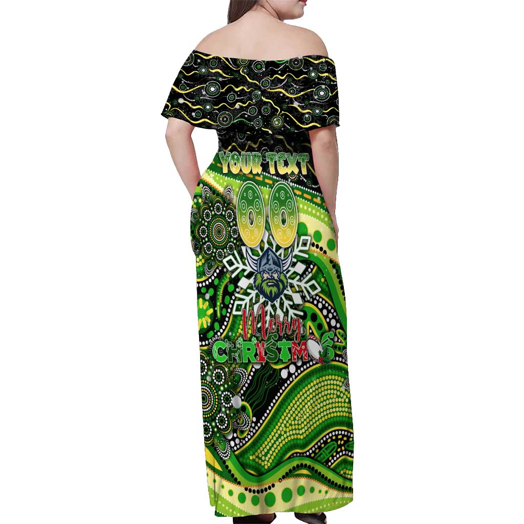 Merry Christmas Raiders Off Shoulder Maxi Dress Aboriginal Santa Rugby Mascot - Canberra