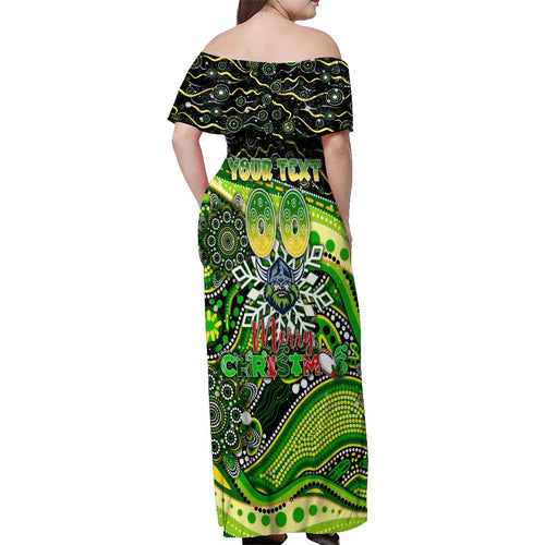 Merry Christmas Raiders Off Shoulder Maxi Dress Aboriginal Santa Rugby Mascot - Canberra