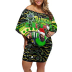 Merry Christmas Raiders Off Shoulder Short Dress Aboriginal Santa Rugby Mascot - Canberra