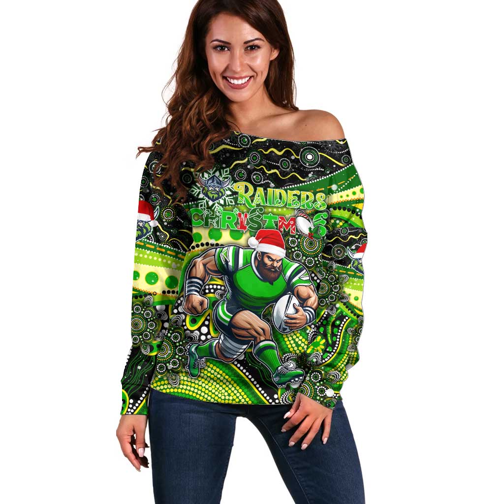 Merry Christmas Raiders Off Shoulder Sweater Aboriginal Santa Rugby Mascot - Canberra