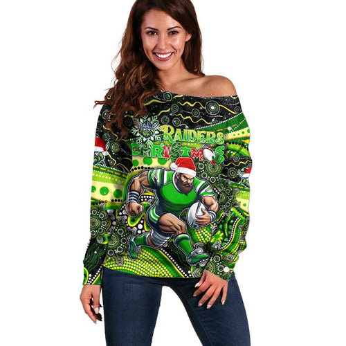 Merry Christmas Raiders Off Shoulder Sweater Aboriginal Santa Rugby Mascot - Canberra