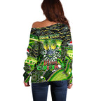 Merry Christmas Raiders Off Shoulder Sweater Aboriginal Santa Rugby Mascot - Canberra