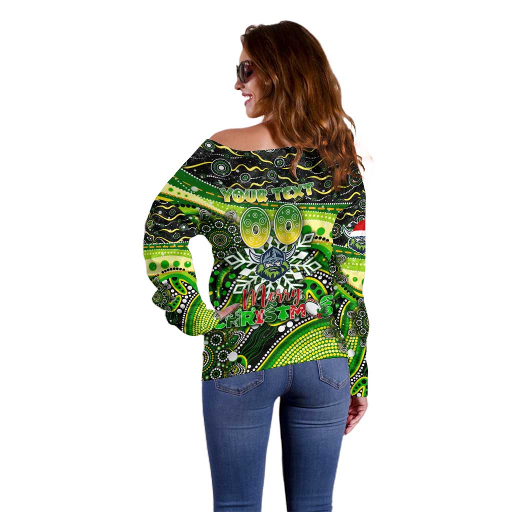 Merry Christmas Raiders Off Shoulder Sweater Aboriginal Santa Rugby Mascot - Canberra