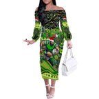 Merry Christmas Raiders Off The Shoulder Long Sleeve Dress Aboriginal Santa Rugby Mascot - Canberra
