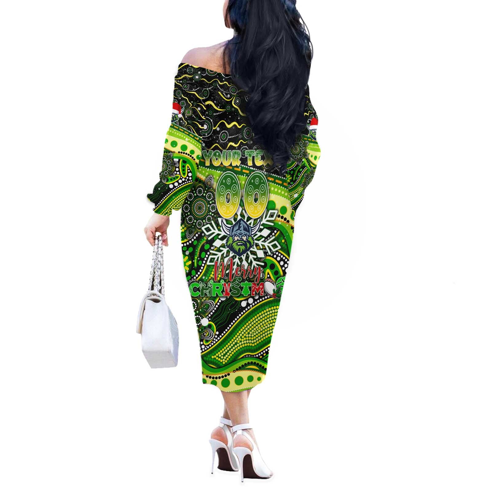 Merry Christmas Raiders Off The Shoulder Long Sleeve Dress Aboriginal Santa Rugby Mascot - Canberra