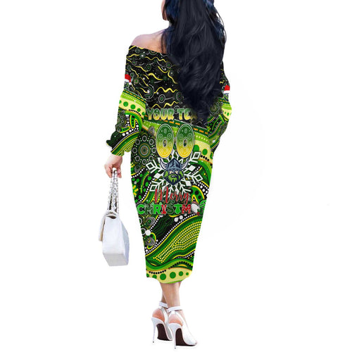 Merry Christmas Raiders Off The Shoulder Long Sleeve Dress Aboriginal Santa Rugby Mascot - Canberra