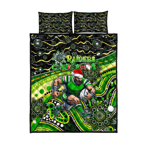 Merry Christmas Raiders Quilt Bed Set Aboriginal Santa Rugby Mascot - Canberra
